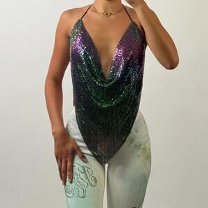 Multicolor Metallic Mesh Halter Top
